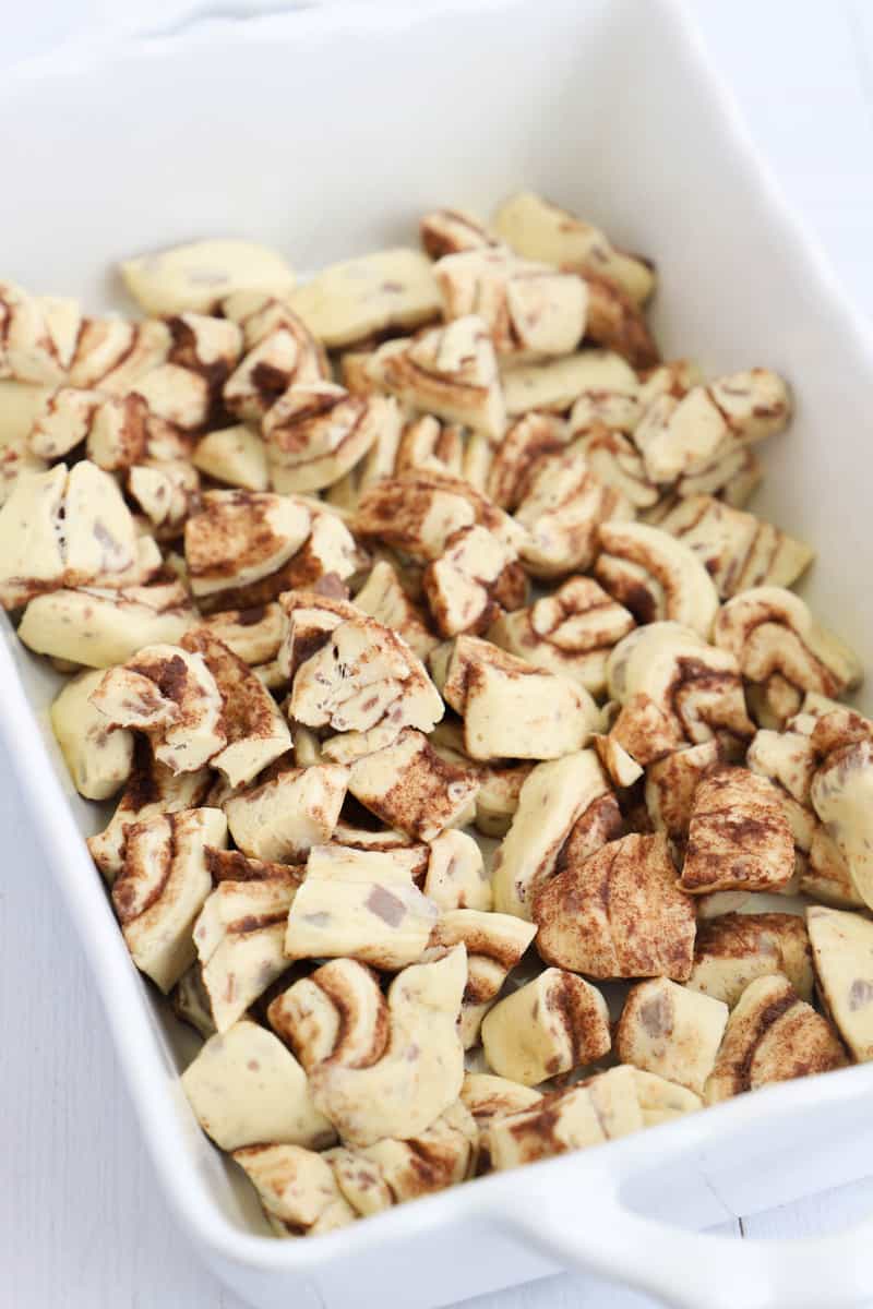 cinnamon roll casserole in casserole dish