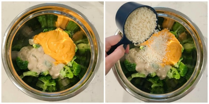 mixing ingredients together for the casserole in a metal mixing bowl