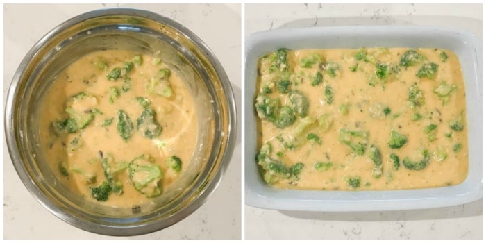 mixed ingredients being added to casserole dish