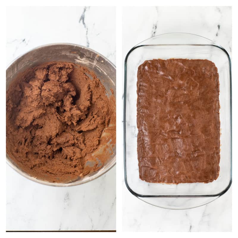 batter being spread out in a baking pan