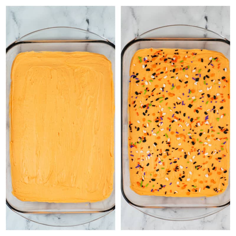 spread frosting on the cookie bars and top with Halloween sprinkles