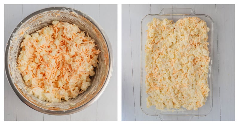 mixing ingredients for funeral potatoes and adding to casserole dish