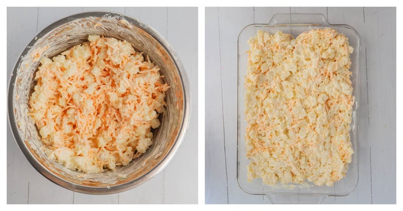 mixing ingredients for funeral potatoes and adding to casserole dish