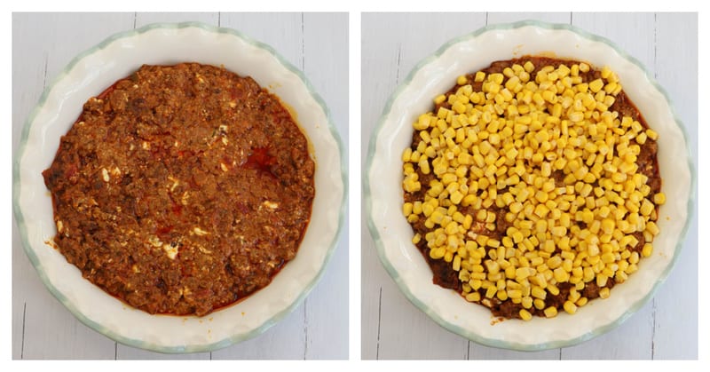 filling the pie pan with taco meat and corn