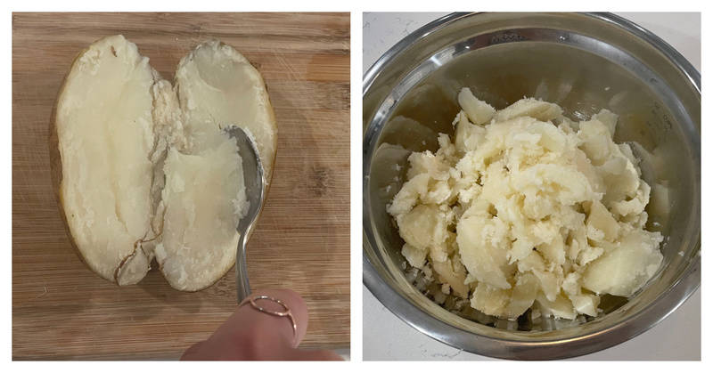 scooping out the insides of the potatoes