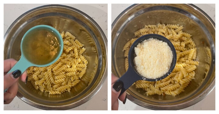 adding ingredients to cooked pasta