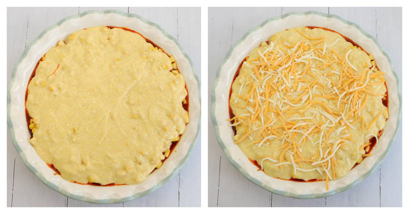 cornbread taco pie ready to bake topped with cheddar cheese