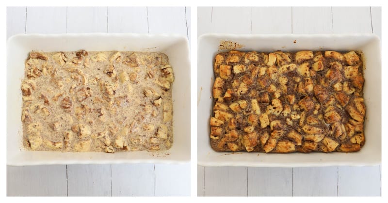 adding egg mix to casserole dish then baking