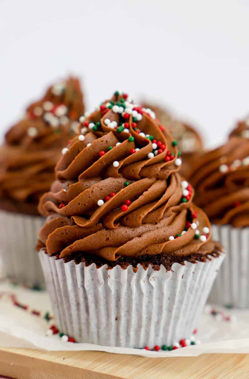 closeup of Christmas Chocolate Cupcakes with sprinkles