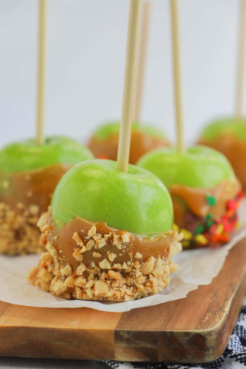 Caramel Apples on wooden tray