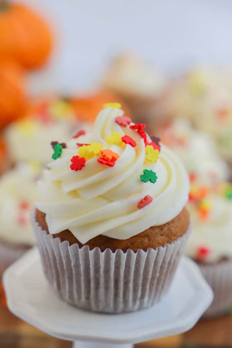 closeup of pumpkin cupcake on white stand