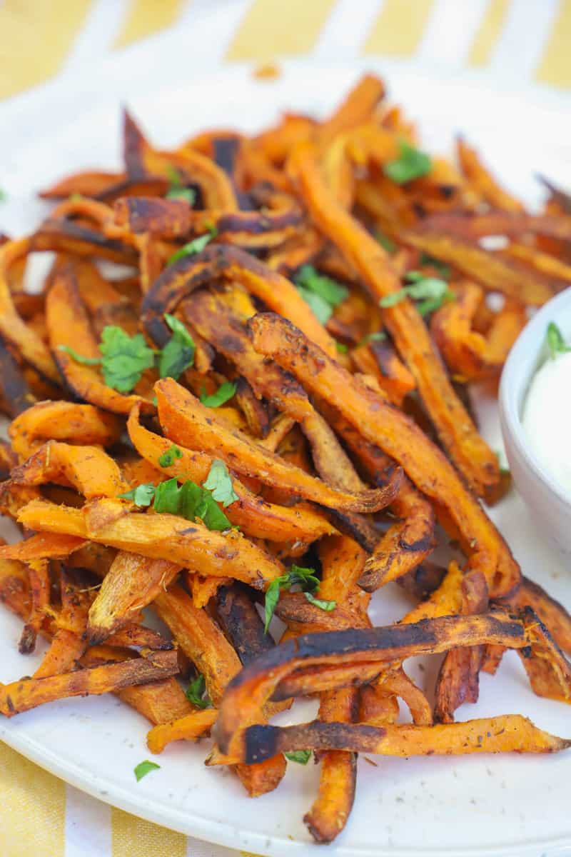 sweet potato oven baked fries on white plate