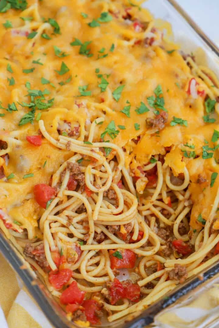 close up of taco spaghetti served out of casserole dish