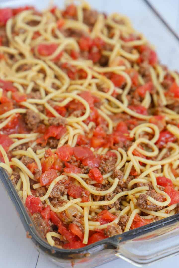 taco spaghetti mixed and added to casserole dish before baking