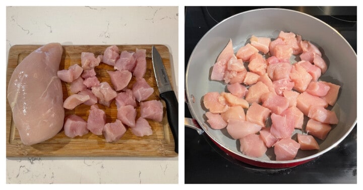 diced chicken and in pot for cooking