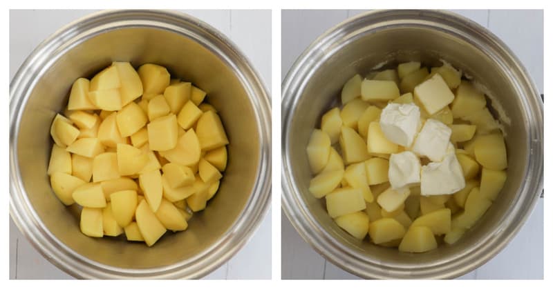 potatoes in large pot for boiling then mixing and mashing