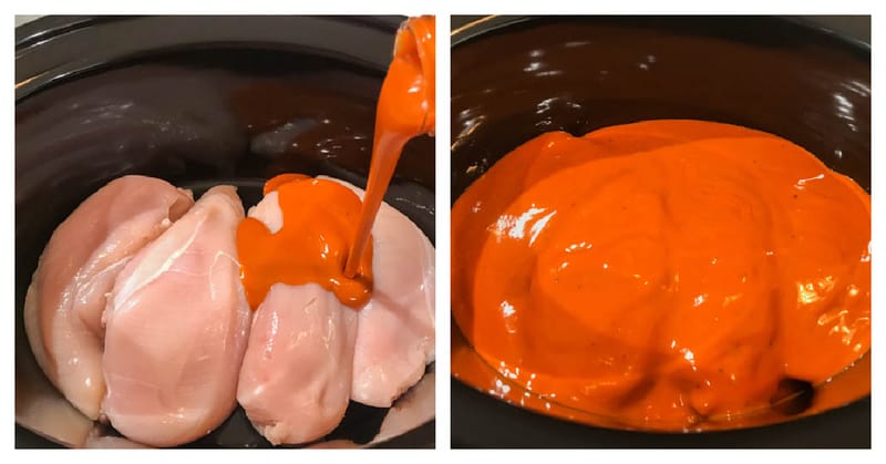 adding chicken breasts and buffalo sauce to the slow cooker