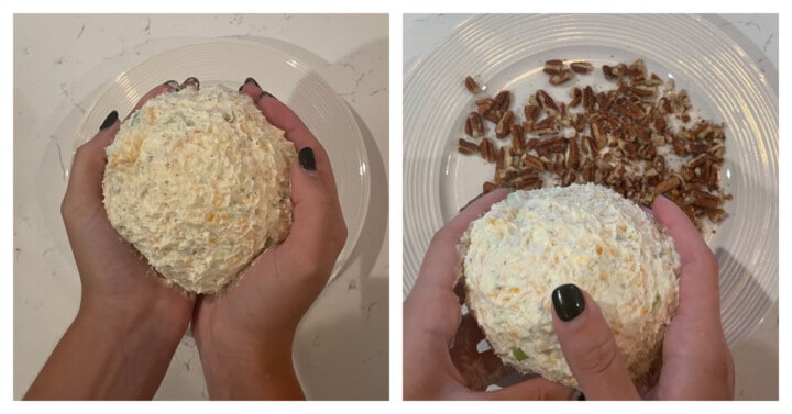 molding the cheese ball with hands and preparing to roll in nuts