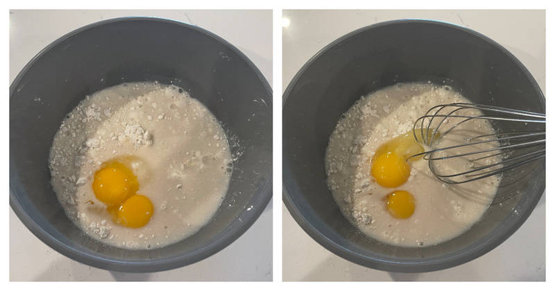 mixing up the pancake batter for the crust.