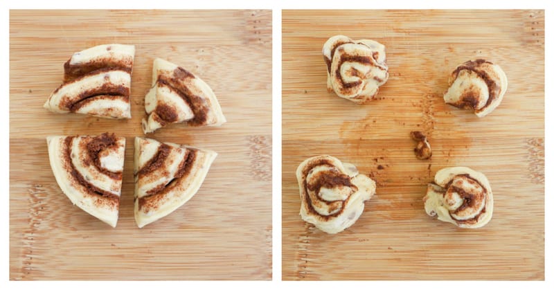 cutting and pinching the cinnamon roll