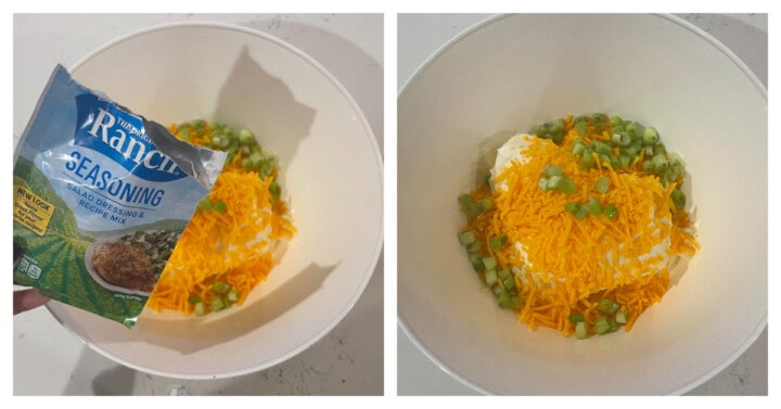 adding ingredients to a white mixing bowl for the cheese ball