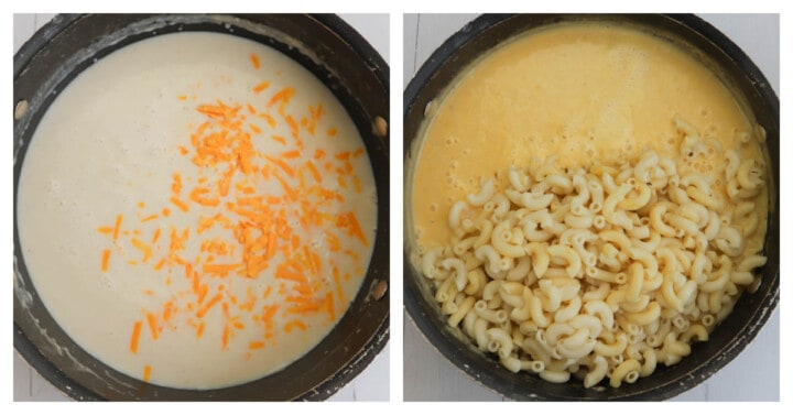 melting butter and cheese and milk then adding noodles