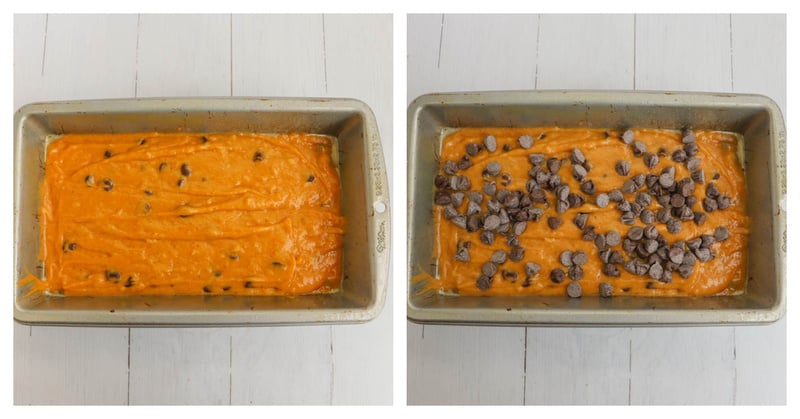 adding batter to the bread pan and adding more chocolate chips to the top