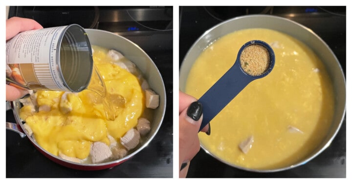 adding cream of chicken soup and broth to the chicken in the pot