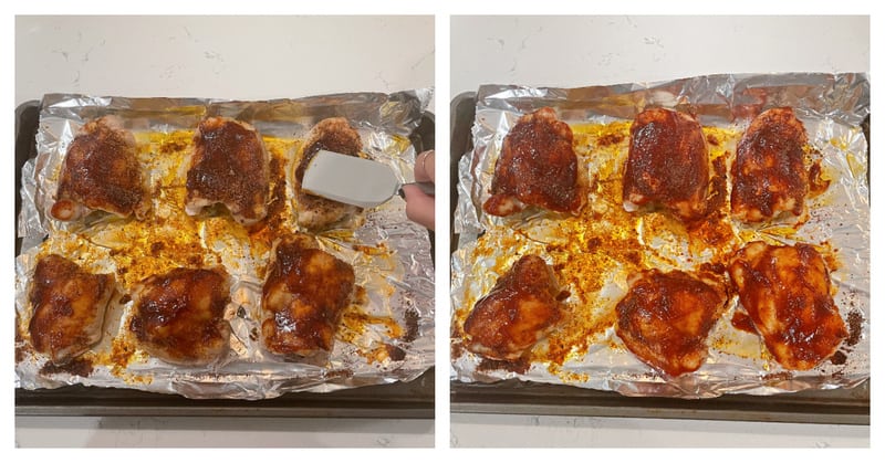 baked chicken thighs covered in BBQ sauce