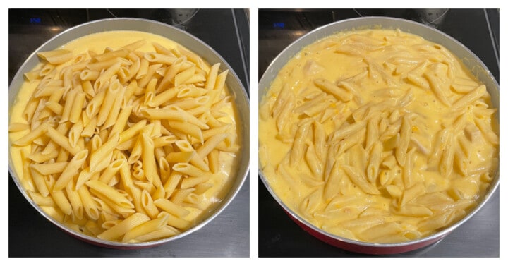 adding the cooked pasta back to the pot and mixing