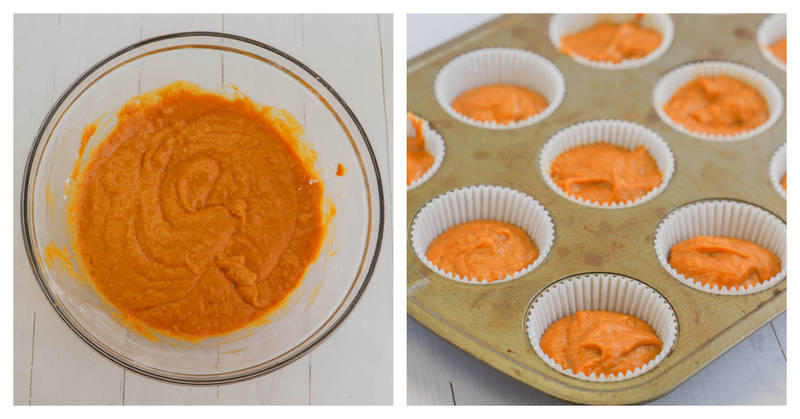 mixing the batter and pouring into the cupcake liners