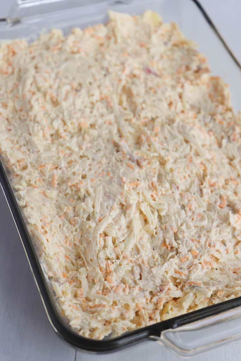 crack chicken casserole spread out in casserole dish