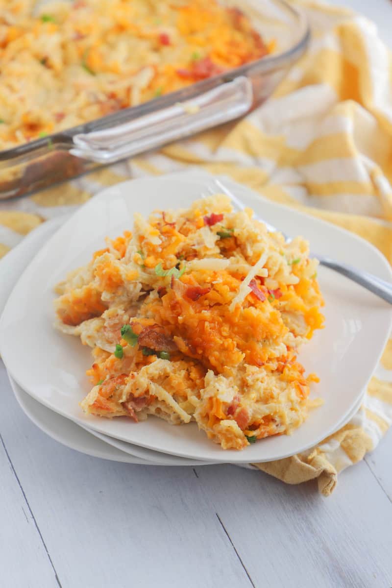 crack chicken casserole on stacked white plates