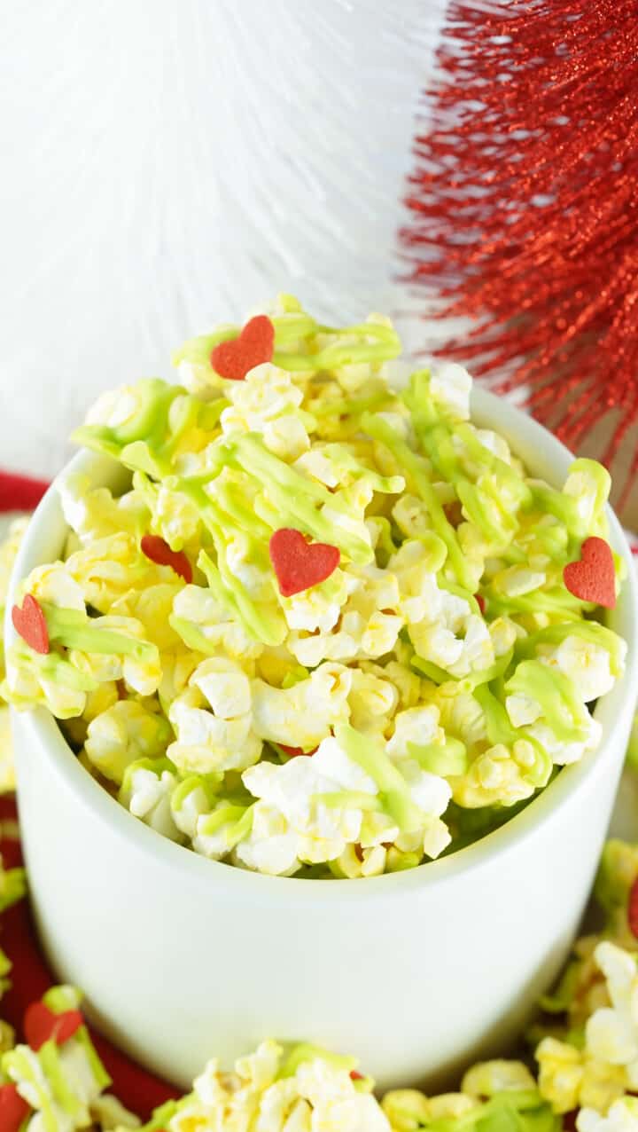 closeup of grinch popcorn in white bowl