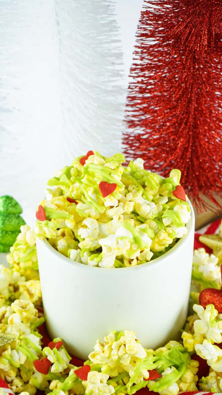 Grinch Popcorn in white bowl