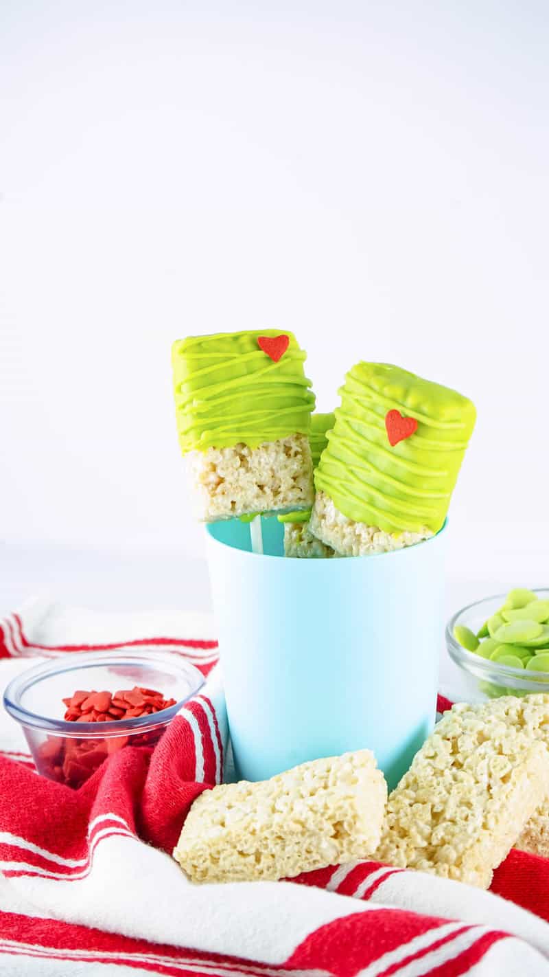 ingredients and finished Grinch Rice Krispie treats