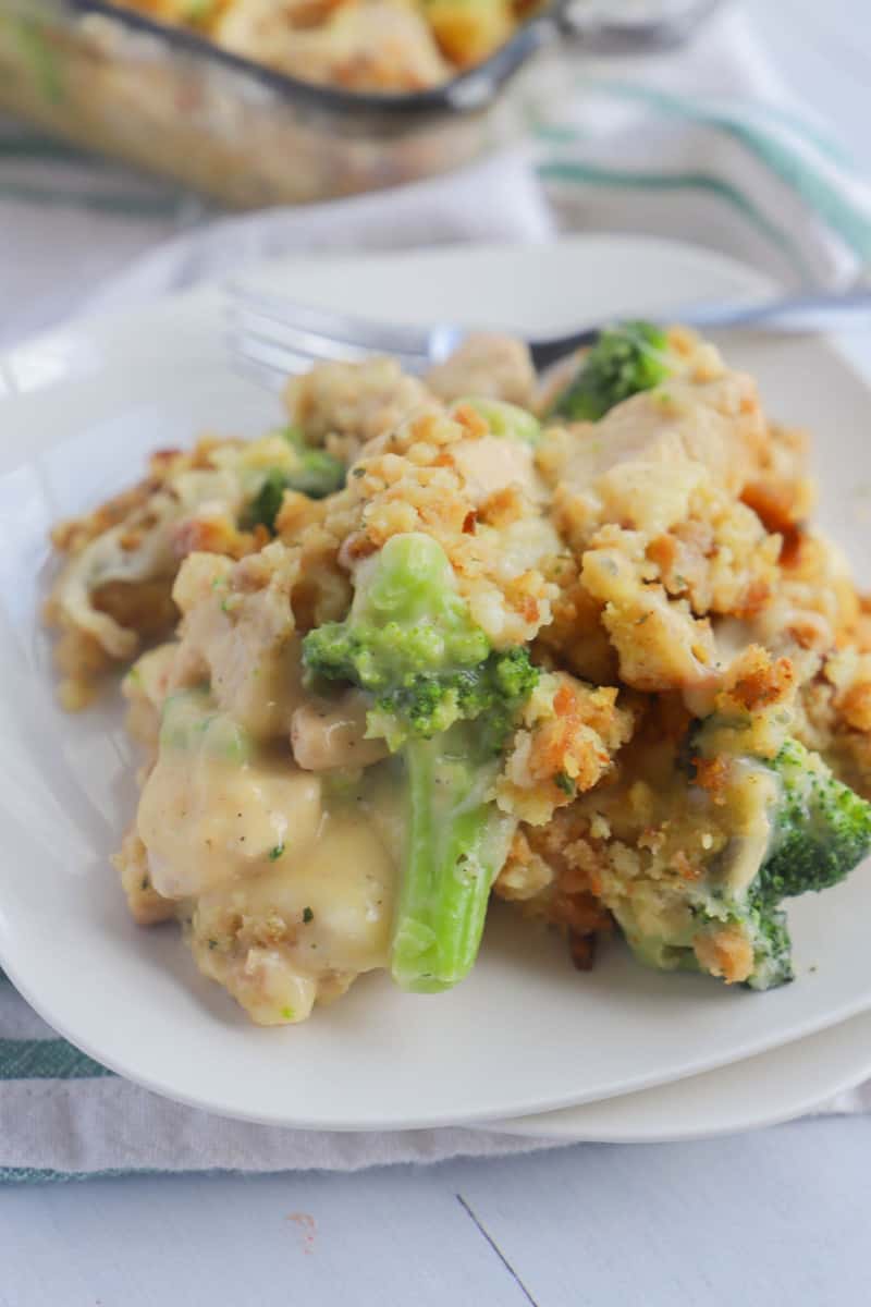 chicken stuffing casserole on white plate