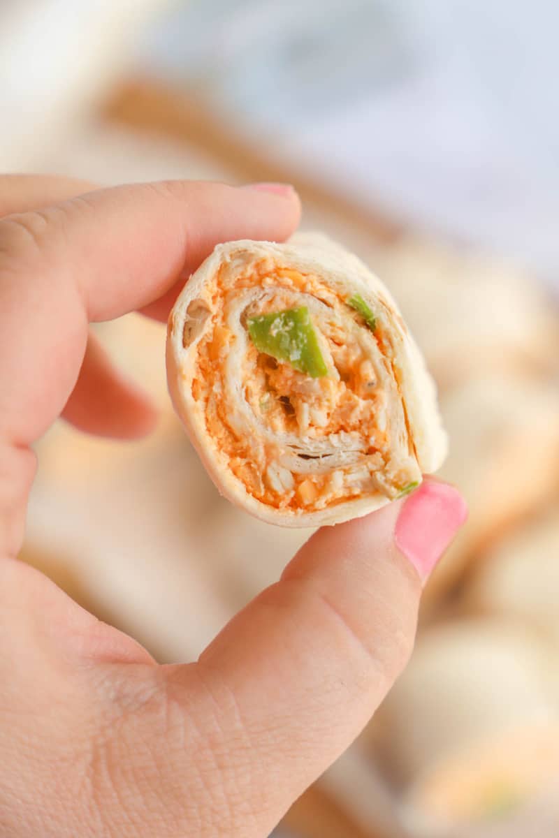 buffalo chicken pinwheel closeup in hand
