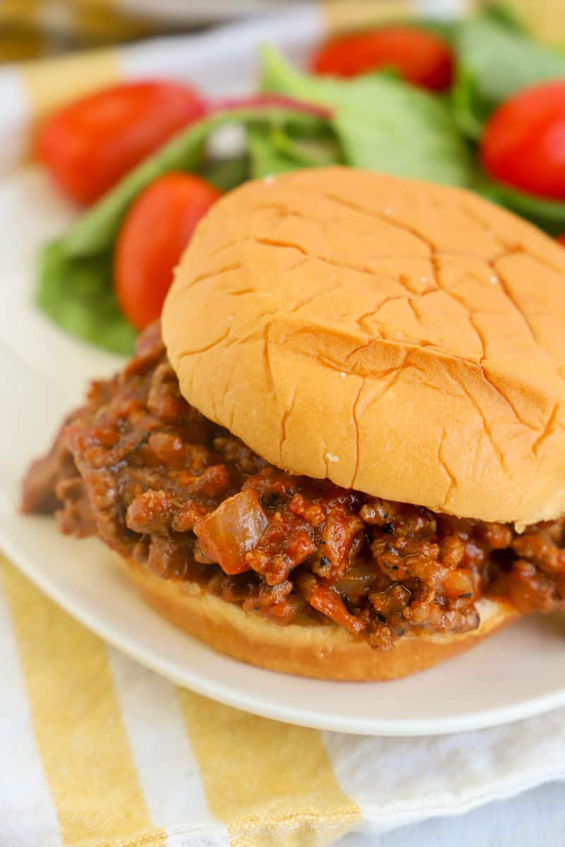 close up of sloppy joe on white plate