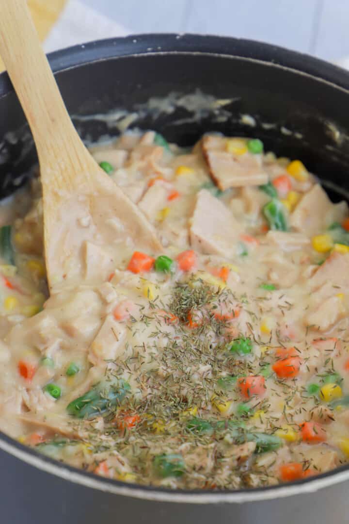 turkey pot pie cooking on stovetop
