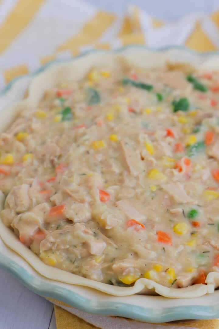 turkey pot pie in pie plate before being cooked