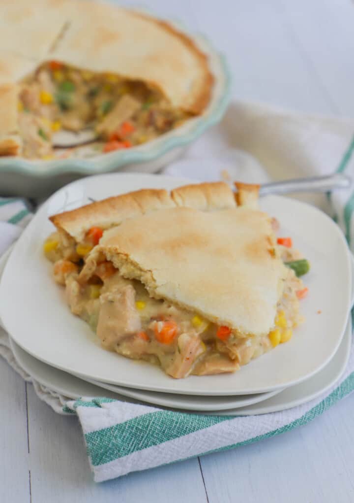 turkey pot pie slice on white plate