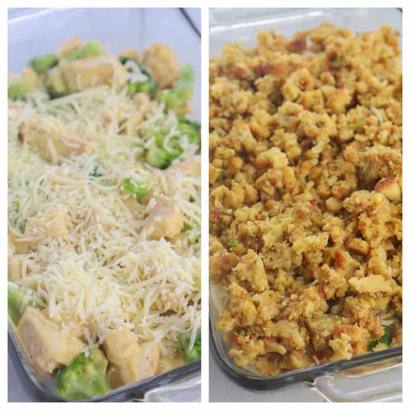 topping casserole with cheese then the stuffing