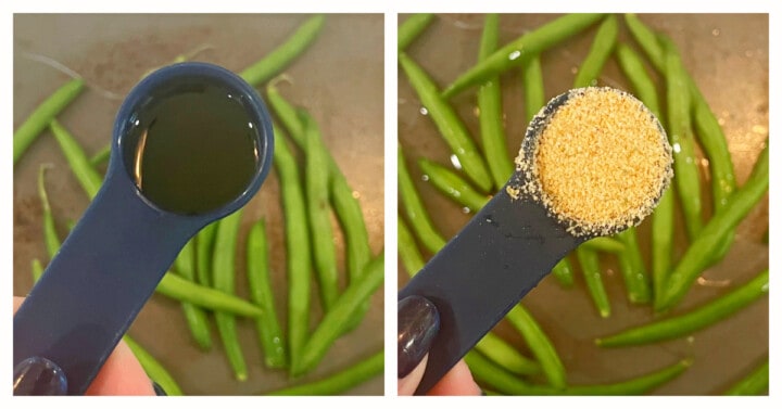 adding oil and garlic to the green beans