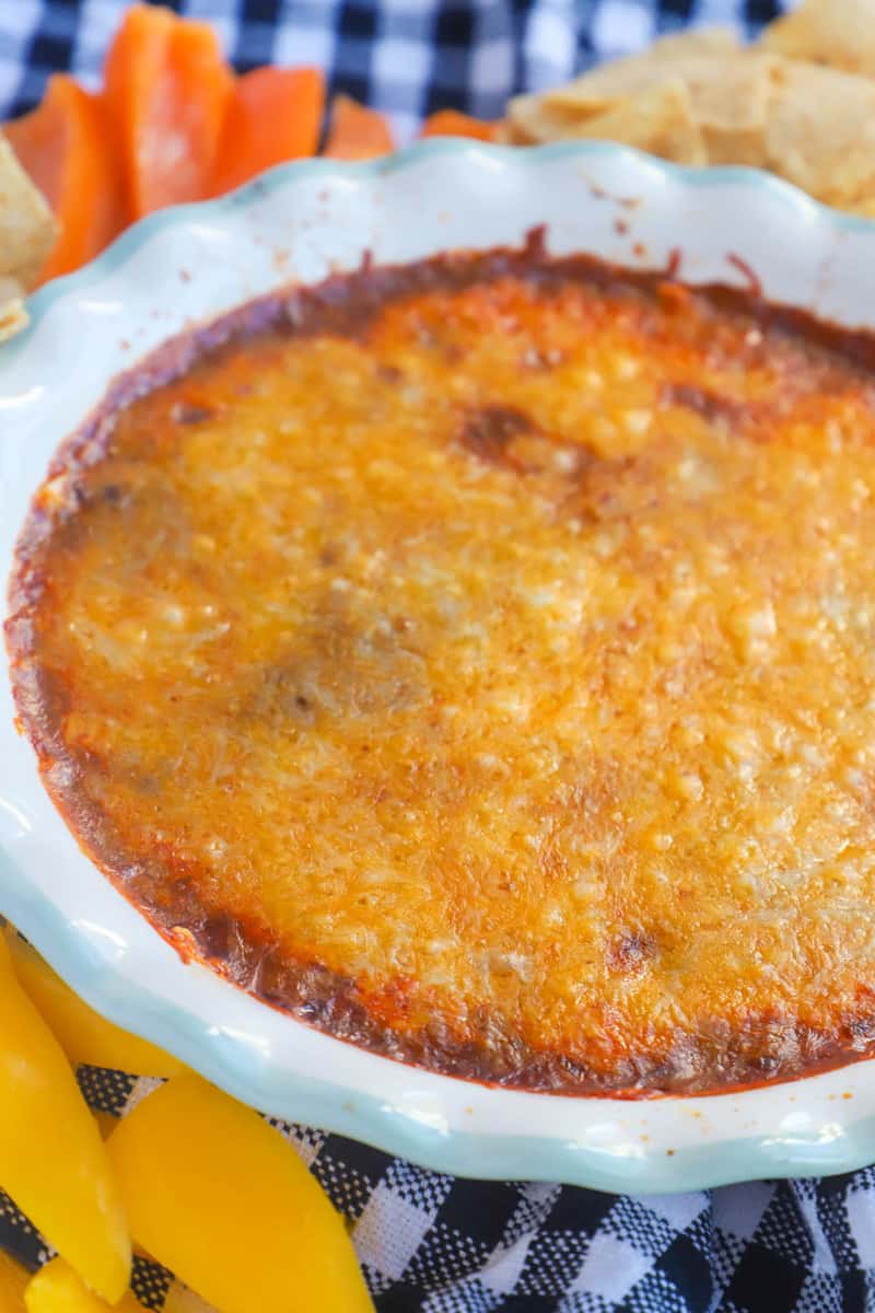 Chili Cheese Dip in white baking dish