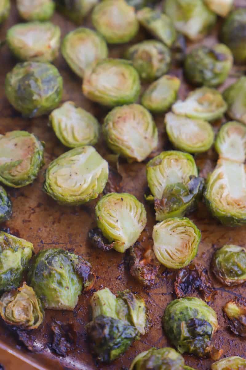roasted Brussel sprouts on baking sheet