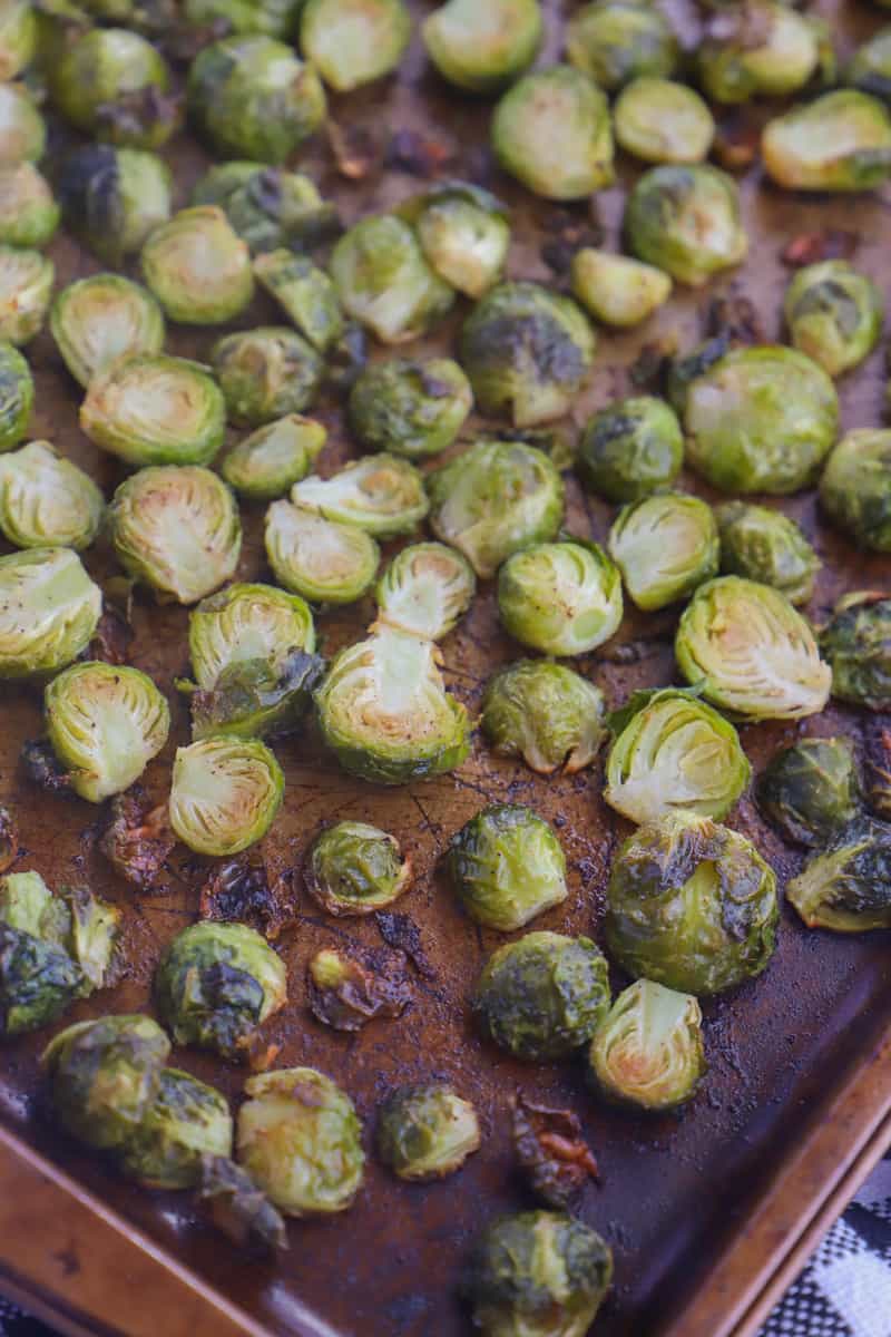 Roasted Brussel Sprouts on baking sheet