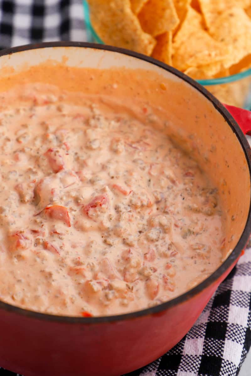 Sausage Cream Cheese Dip in pot with tortilla chips