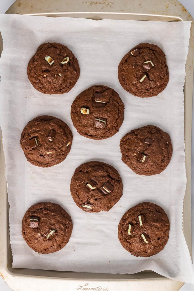 baked Andes Mint cookies on baking sheet