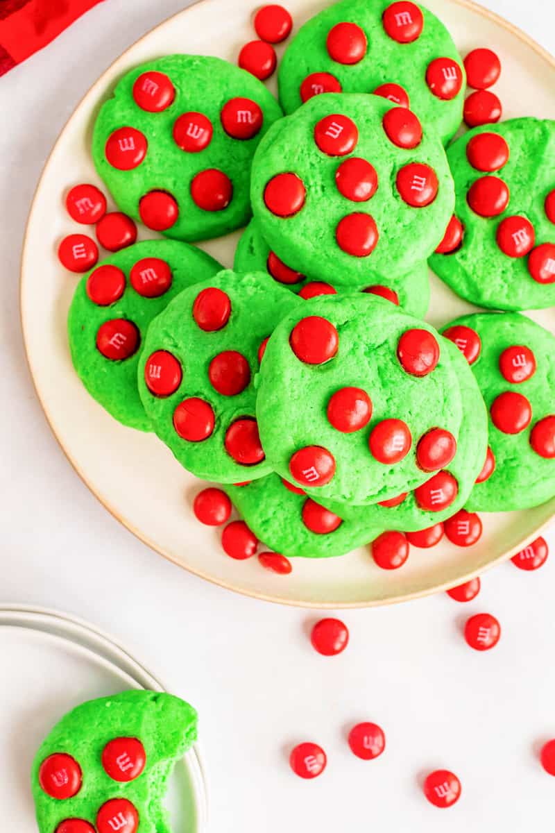 Grinch cookies baked on a white plate